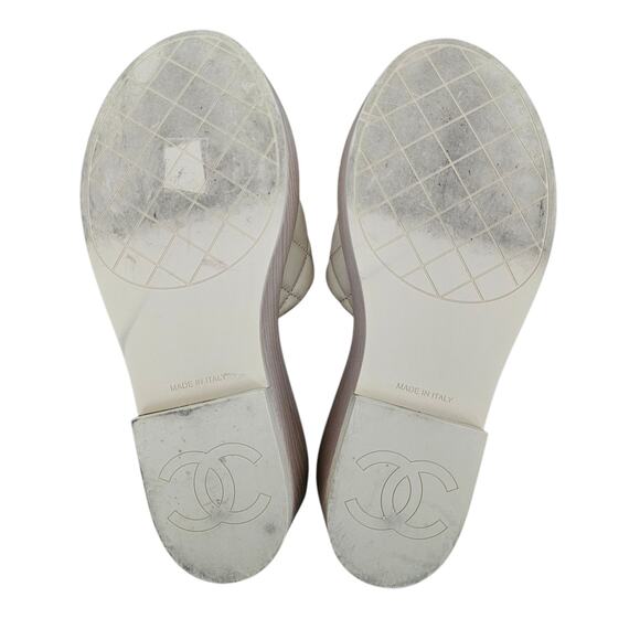 Chanel CC Wood Platform Sandal Slide Mule Size 39 US 8 8.5 Quilted Beige Leather - Picture 12 of 14